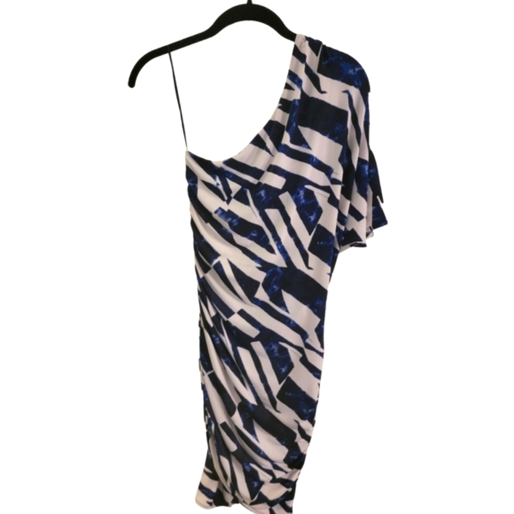 MODA Int'l. Women's XS One Shoulder Ruched Dress. Blue/White/Black.